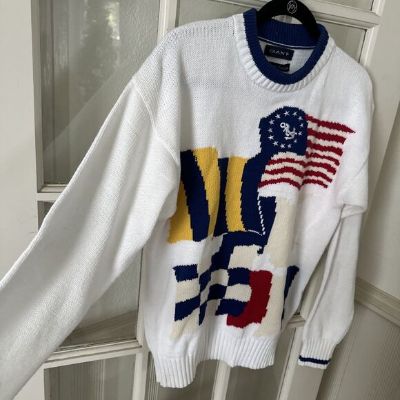 Gant Mens Medium Flag Sweater Hand Intarsia Cotton Nautical - Picture 3 of 11